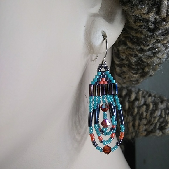 JRW Handmade Turquoise Swarovski Beaded Earrings - Picture 4 of 6